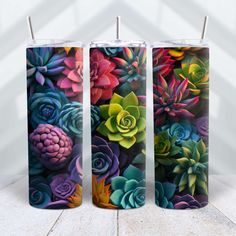 three vases with colorful succulents on them sitting on a white surface