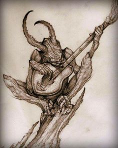 a drawing of an alien with a guitar in his hand and another creature on the other side