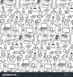 a black and white doodle drawing of various electronic devices, including laptops, keyboards, mouses