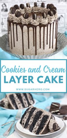 cookies and cream layer cake on a plate with the title text overlay reads cookies and cream layer cake