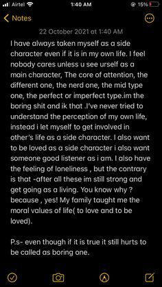 an image of the text on a cell phone that reads, i have always taken my self as a side character even if it is in my own life