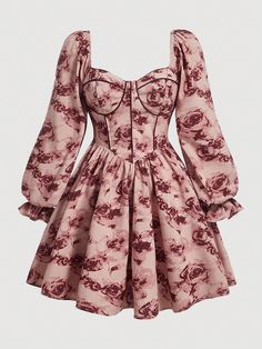 Teen Girl Woven Floral Keyhole Neckline Puff Sleeve Elegant Dress Pink Boho  Long Sleeve Woven Fabric Floral,Plants A Line Non-Stretch  Teen Girls Clothing, size features are:Bust: ,Length: ,Sleeve Length: Dream Self, Teen Girl Dresses, Fancy Tops, Cute Dress Outfits, Chiffon Flowers, Printed Sleeveless Top, Soft Aesthetic, Flounce Sleeve