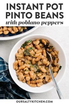 instant pot pinto beans with spinach in a white bowl