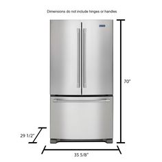 a stainless steel refrigerator is shown with measurements