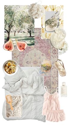 a collage with various items including shoes, towels and other things to wear on it