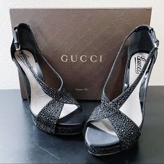 Authentic Gucci Elegant "Sofia Etoile" Size: 38 Brand New Never Worn Only Tried On Includes Gucci Box & Gucci Dust Bag Originally $1,195 + Tax!! These Beautiful Gucci Strappy Sandals Are Beautifully Designed To Pair With Any Of Your Party & Evening Looks Authentic Gucci Elegant "Sofia Etoile" In Dramatic Black Patent Leather, Suede & Satin Encrusted W/ Black Shimmering Crystals Criss-Cross Stiletto Heels Rounded Toe Buckled Ankle Strap Closed Heel 5 1/4" High Stiletto Heel & 1.5" Platform See Ph Designer Embellished Heels With Ankle Strap, Designer Embellished Ankle Strap Heels, Glamorous Embellished Formal Heels, Glamorous Embellished Heels For Formal Occasions, Luxury Embellished High Heels, Luxury Heels With Rhinestones For Formal Occasions, Luxury Gucci Heels For Gala, Glamorous Gucci Evening Heels, Gucci Luxury Heels For Gala