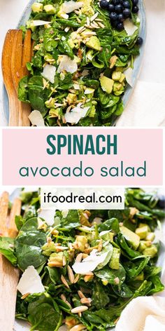 spinach salad with avocado, blueberries and almonds in a bowl