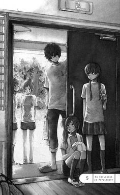 two children are standing in front of an open door while another child is sitting on the floor