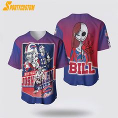 a purple shirt with a cartoon character on the front and back, featuring bills football players