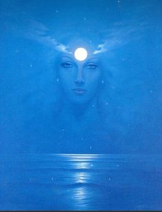 a woman's face is reflected in the water with a full moon above her head