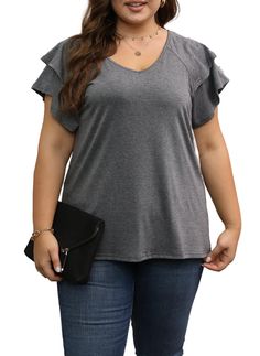 PRICES MAY VARY. The fabric is breathable material, plain t shirts, relax fit, easy to fit any body figure, a simple, chic and fashionable tops for summer. Feature: Women Plus Size Short Sleeve V Neck Blouses ,V-Neck and Ruffle Sleeve are comfortable and stylish ,Plus-Size types is friendy for busty ladies.P Ruffle Sleeve can shades your arm nicely . Fashion and Casual style women plus size blouse, solid color and v neckline design, it is easy to pair it with your jeans, shorts, skirts This Wome Maternity Shirts, Fashionable Tops, Body Figure, Neckline Designs, Shorts Skirts, Simple Chic, Stylish Plus, Pregnancy Shirts, Ruffle Shorts