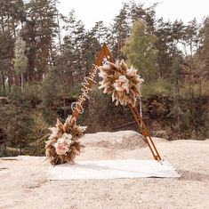 a wedding arch decorated with flowers and feathers