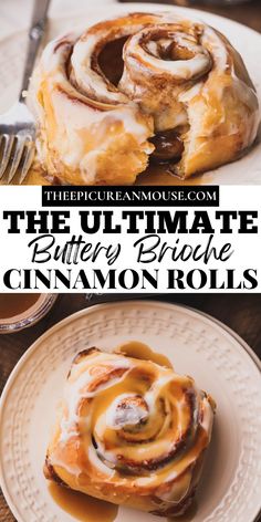 the ultimate buttery brownie cinnamon rolls on a white plate with text overlay