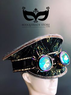 This black/green and holographic goggle captain hat is our latest addition to our captain hat collection! More stunning color sequin theme hats also available for festivals and rave events! Easy and comfortable to wear all day and night!  You have the option to add a Text. Please select from Vibe, Tribe or Custom Text option if you would like a Text.  Novelty gift giving idea and we offer gift wrapping and gift message available during check out!  Great for, Raves, Festivals, Cosplay, Dress-up, Adjustable Rave Costume Hats And Headpieces, Adjustable Steampunk Costume Hat For Carnival, Rave Black Adjustable Costume Hat, Adjustable Brimmed Costume Hat For Carnival, Adjustable Steampunk Hat For Carnival, Adjustable High Crown Hat For Mardi Gras, Mardi Gras Adjustable Costume Hat With Round Crown, Adjustable Mardi Gras Costume Hat With Round Crown, Adjustable Round Crown Costume Hat For Mardi Gras