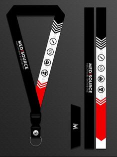 a black and white lanyard with red accents