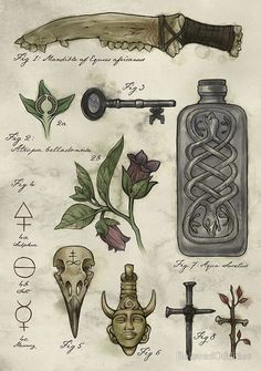 an old book with various items and symbols on the pages, including a bottle, dagger, skull, rose, cross, etching