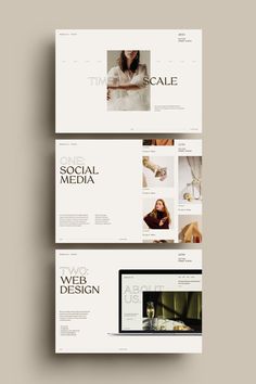 three different layouts for a website with images and text on them, including the words'social media '