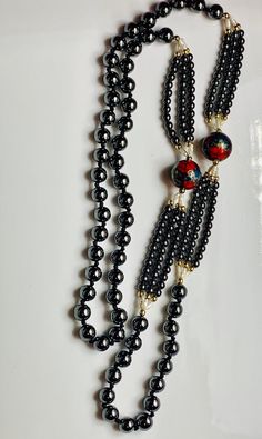 Vintage Hematite pearl and cloisonne necklace, 32 loop Elegant 108 Beads Jewelry Gift, Elegant Necklace With 108 Beads For Gift, Elegant Round Jewelry With 108 Beads, Elegant Necklace With 108 Beads Pendant, Elegant Hematite Round Bead Necklaces, Elegant Hematite Round Bead Necklace, Elegant Hematite Beaded Necklaces, Elegant Multi-strand Necklaces With Spacer Beads, Costume Jewelry Pearl Necklace With Round Beads