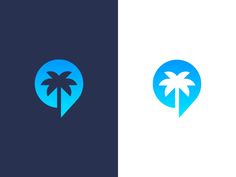 two logos with palm trees on them, one is blue and the other is white