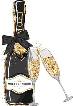 a bottle of champagne and two glasses filled with sparkling liquid, on a white background