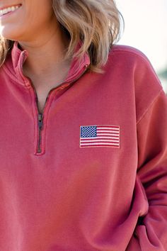 Most sizes and colors are available to ship next day! God bless the USA! These vintage inspired embroidered American flags are perfect for showing your patriotism this summer at your Fourth of July celebrations! Embroidered on your choice of a Comfort Colors pocket tank, tee, long sleeve, or quarter zip! Comfort Colors is unisex sized. This means the sizing is boxy, not fitted like women's, but it is not oversized. It is true to size. Tank Specifications: 6.1 oz., 100% ring spun cotton Soft-wash Red Tops With Embroidered Logo For Fall, Fall Cotton Tops Made In Usa, Red Embroidered Tops For Fall, Fall Crew Neck Tops Made In Usa, Casual Long Sleeve T-shirt With Flag Print, Cotton Crew Neck Sweatshirt With Flag Print, Casual Fall Tops With Flag Print, Casual Tops With Flag Print For Fall, Cotton Tops With Flag Print For Fall