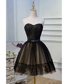 Get 10% off now! Buy black lace short tulle ballgown homecoming dress strapless at cheap price online. Free stable shipping and pro custom service since 2009. Black Lace Prom Dress, Sweetheart Homecoming Dress, Dama Dresses, Tulle Homecoming Dress, Black Lace Shorts, Short Party Dress, Dress Tulle, Short Homecoming Dress, Custom Size Dresses