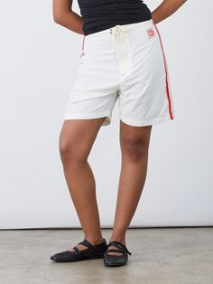 Made Some Long Shorts - Cream & Red – Lisa Says Gah White Swim Trunks With Built-in Shorts, Summer Athletic Shorts With Built-in Shorts For Streetwear, Summer Athleisure Bermuda Shorts For Sports, Athleisure Bermuda Shorts For Summer Sports, Summer Sports Athleisure Bermuda Shorts, White Cotton Summer Bottoms, White Bermuda Shorts For Beach Season, White Cotton Bottoms For Warm Weather, Athleisure Shorts For Summer