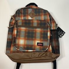 Dickies Varsity Plaid Backpack Kids Adults School Book Bag Brown Laptop Sleeve Burberry Kids Backpack, Casual Orange Standard Backpack, Casual Orange Backpack, Functional Orange Backpack For School, Orange School Bag With Pockets, Casual Orange Backpack For Everyday, Orange Backpack For Everyday Use And Back To School, Orange Standard Backpack For School, Rectangular Orange Backpack For School