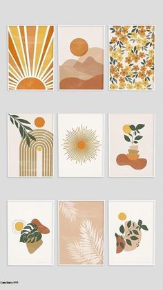 six different paintings with flowers and plants on them, all in shades of oranges