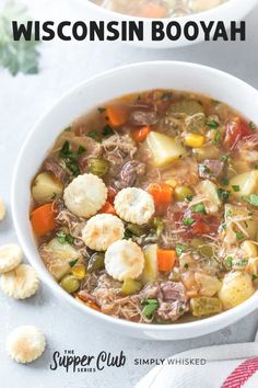 two bowls filled with soup next to crackers on the side, and text overlay that reads wisconsin boyah