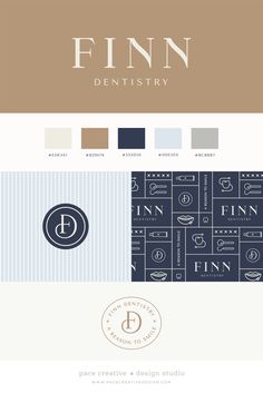 the finn dental logo is shown in blue, brown and white colors with an image of a