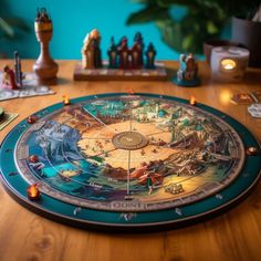 a wooden table topped with a game board and figurines on top of it