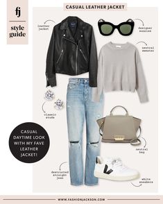 Outfits Guide, Moto Jacket Outfit, Celine Belt, Leather Jacket Outfit, Ripped Jeans Outfit, Black Moto Jacket