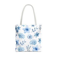 Snowy Blue Flowers Tote Bag - Bags - Kristine Celestine Casual Blue Shoulder Bag With Floral Print, Rectangular School Bag With Floral Print, Rectangular Floral Print School Bag, Casual Blue Floral Print Shoulder Bag, Blue Canvas Shopping Bag For Summer, Blue Summer Tote Canvas Bag, Summer Blue Canvas Bag For Shopping, Summer Blue Canvas Tote Bag, Blue Floral Print Shoulder Bag For Everyday