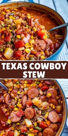 two images showing the same stew in different pans, one with beans and corn