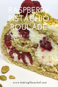 raspberry pistachio roulade recipe with text overlay