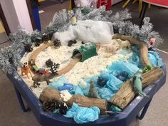 a toy train set with trees and snow