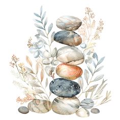 a watercolor painting of rocks and plants