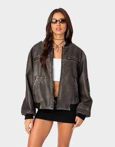 No Look Is Complete Without The Perfect Jacket And This One Will Steal Your Heart. Wear It With Pretty Much Anything In Your Closet To Elevate The Look Instantly. Bomber Jacket. Pocket & Zip Detailing. Oversized Fit. 100% Faux Leather. Item Care: Hand Wash. Model Wears Size S. Model Height Is 5'7. | Edikted Vava Washed Faux Leather Bomber Jacket Timeless Fashion Pieces, Visionary Fashion, Gray Jacket, S Models, Leather Women, Timeless Fashion, Bomber Jacket, Cute Outfits, Faux Leather