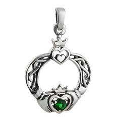 Irish Claddagh Charm Pendant Details: - Claddagh charm is made of genuine 925 sterling silver - Stamped 925 - Emerald colored green glass - Measures approx 25mm x 20mm (1" x 13/16") - Includes a soldered bailShipping Details:  - All orders are shipped within 1 to 2 business days from California, US - Shipping time frames may become a bit longer as gift-giving holidays approach.  Let us know if something is needed by a certain day and we will do our very best to work with you to get it to you in Silver Charms Jewelry For May Birthstone, Silver Jewelry With May Birthstone Charms, Silver Jewelry With Charms For May Birthstone, Green Charms Jewelry For Anniversary, Green Symbolic Nickel-free Jewelry, Symbolic Green Gemstone Jewelry, Symbolic Green Sterling Silver Jewelry, Green Symbolic Sterling Silver Jewelry, Irish Knot