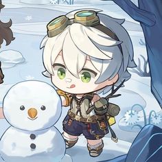 an anime character standing next to a snowman