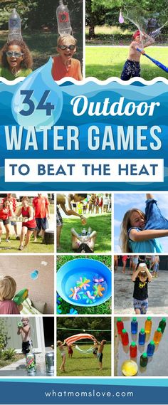 the cover of an outdoor water games book with images of children playing and having fun