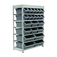 a metal shelving unit with several bins on the bottom and two shelves below