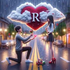 a man kneeling down next to a woman in the rain with a heart shaped balloon