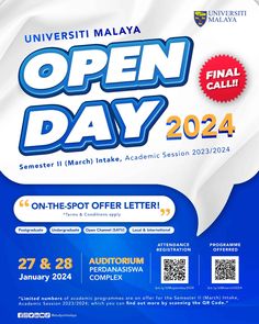 an advertisement for the university of malaysia open day on march 22, 2014 with information about it