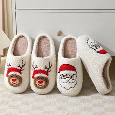 Christmas Gingerbread, Raindeer, Santa Slippers Xmas Slippers, Reindeer Slippers, Holiday Slippers, Christmas Slippers, Man Design, Fuzzy Slippers, Slippers Cozy, Christmas Cartoons, Plush Fabric