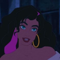 an animated image of a woman with blue eyes and long hair wearing large hoop earrings