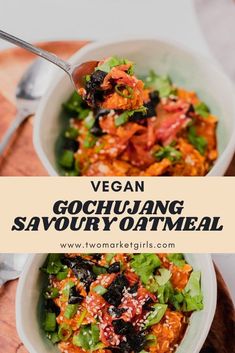 vegan gochulang savoury oatmeal in a white bowl