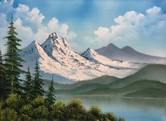 a painting of snow covered mountains and trees