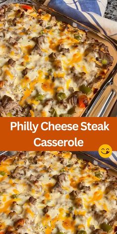 two pizzas sitting on top of pans covered in cheese and toppings with the words phily cheese steak casserole